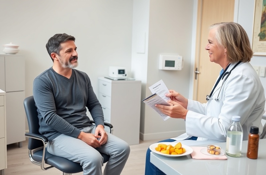 doctor and patient discuss digestive health at office desk