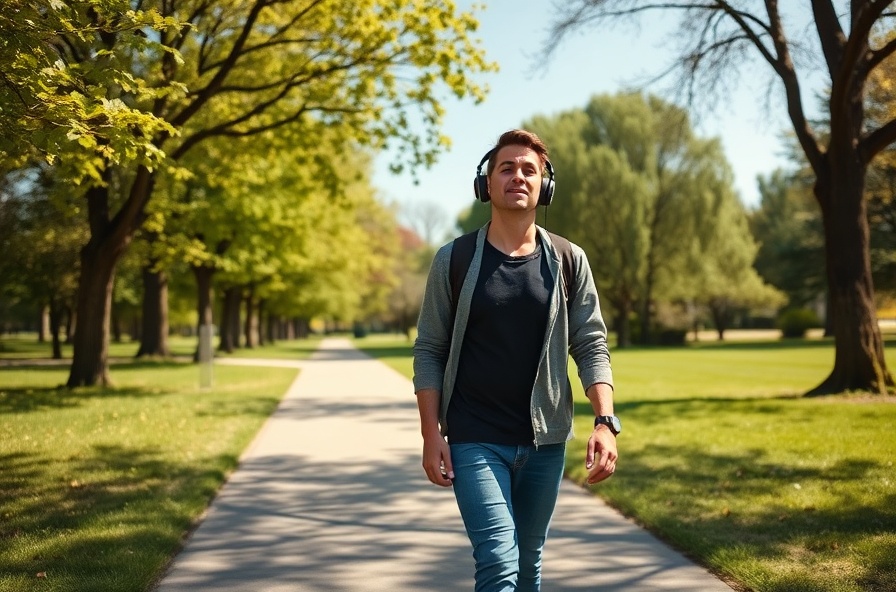 person walking relaxed in sunlight in a leafy green park
