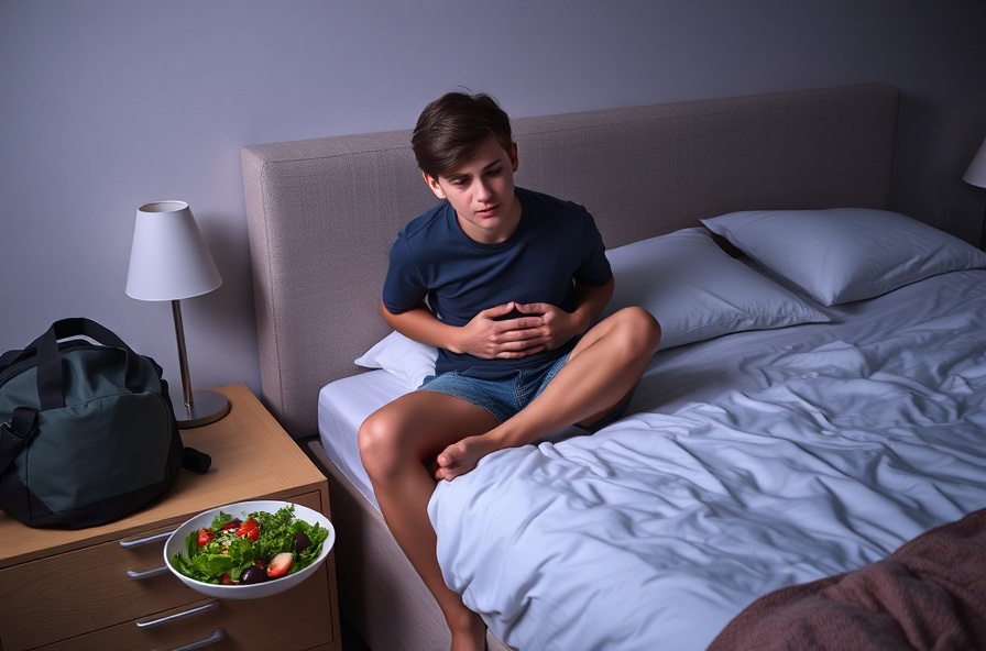 tired young person holding stomach alone on bed at night