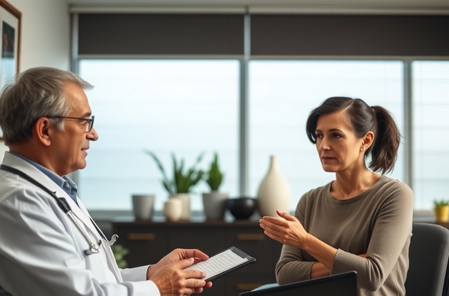 doctor talks with anxious patient about medication at desk