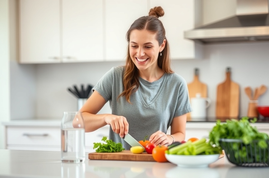 smiling adult chops vegetables in a bright kitchen