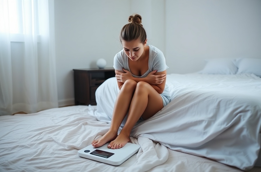 young woman sitting on bed staring at digital scale