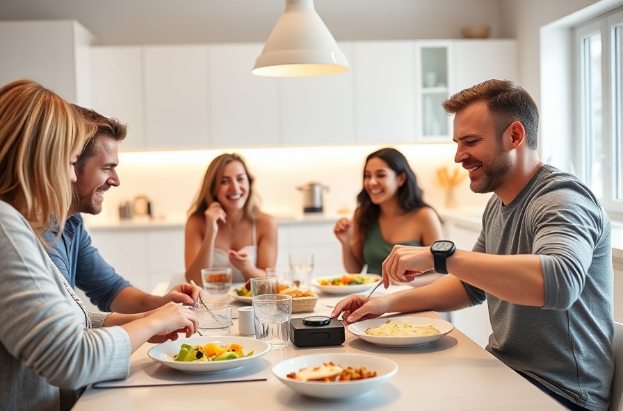 person measuring food at table while others eat and laugh