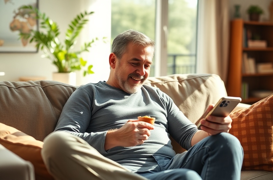 man smiles on couch holding snack and looking at phone