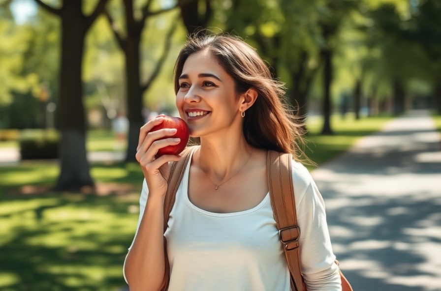 individual walking in park eating apple and smiling