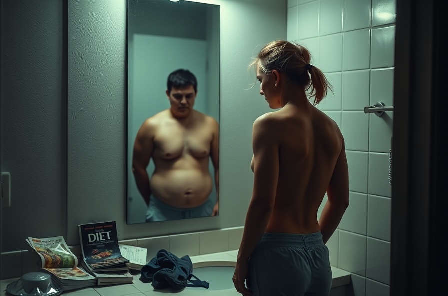 tired person looks frustrated in a dim bathroom mirror