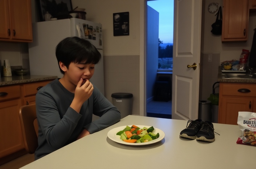 person eats vegetables at a kitchen table near walking shoes