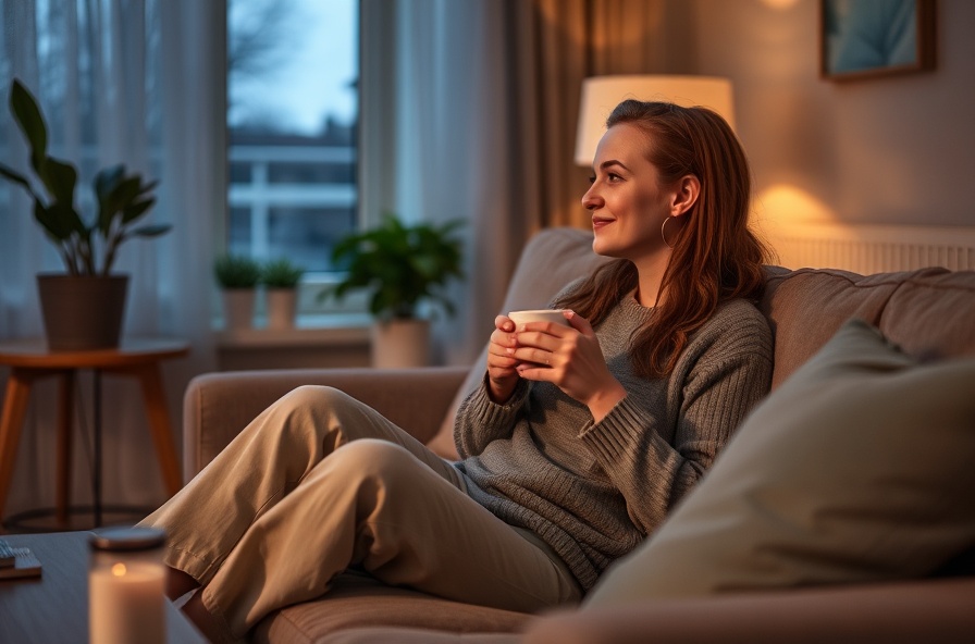 relaxed person sits with a mug on a sofa at evening