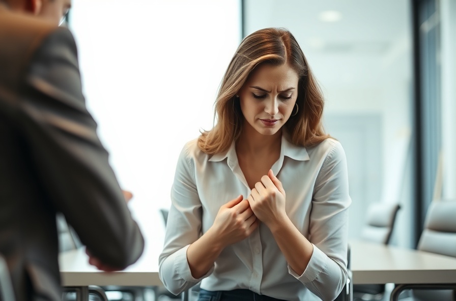 anxious woman checks sweat marks in office meeting room