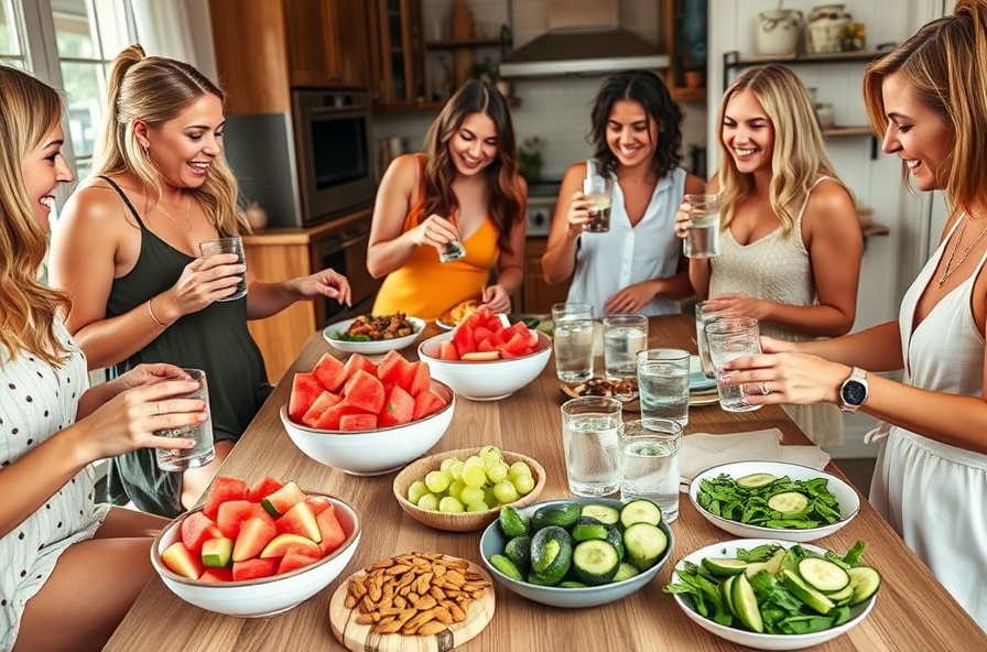 friends eat fruit and vegetables together in kitchen