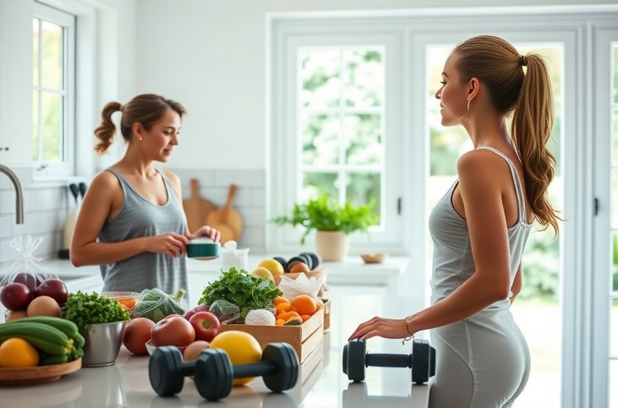 woman measures healthy food with dumbbells and shoes on floor