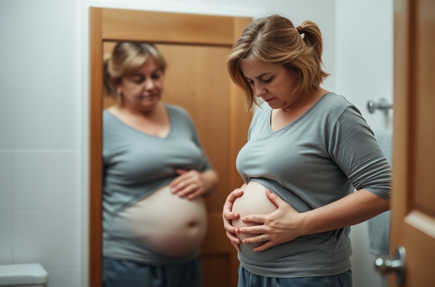 woman looks at her belly in bathroom mirror hands on stomach