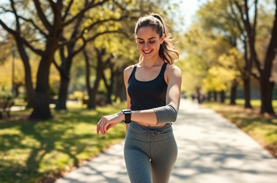 woman walks in park smiling and checking progress on fitness watch