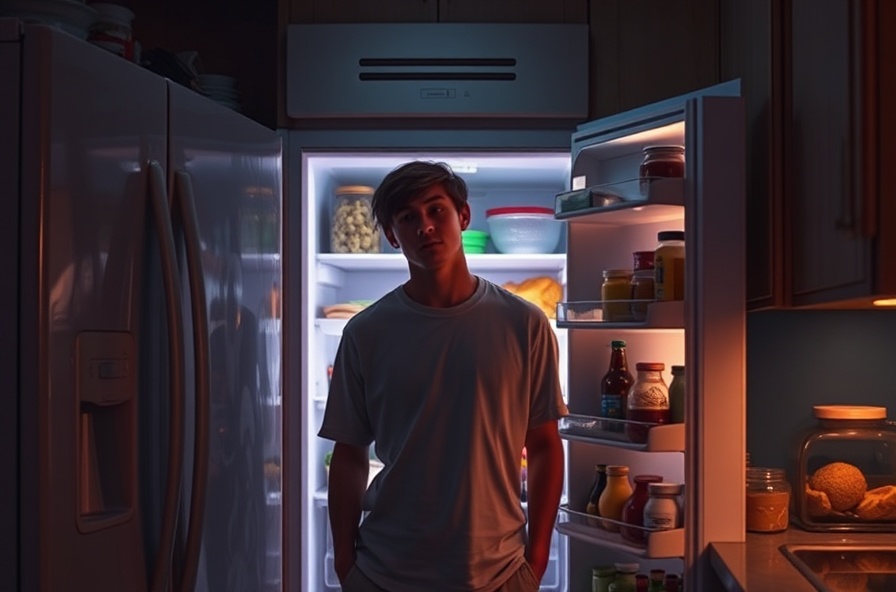 tired young adult looking into a fridge of leftovers