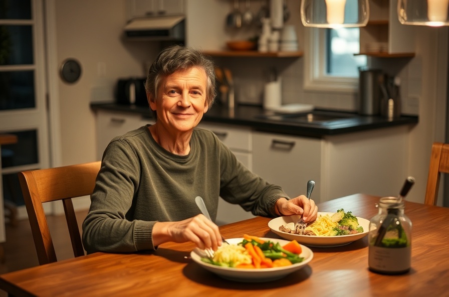 relaxed person enjoying a homemade dinner at kitchen table