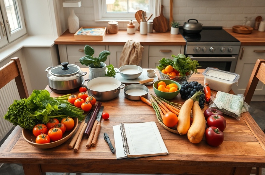 person planning meals with vegetables and groceries on table