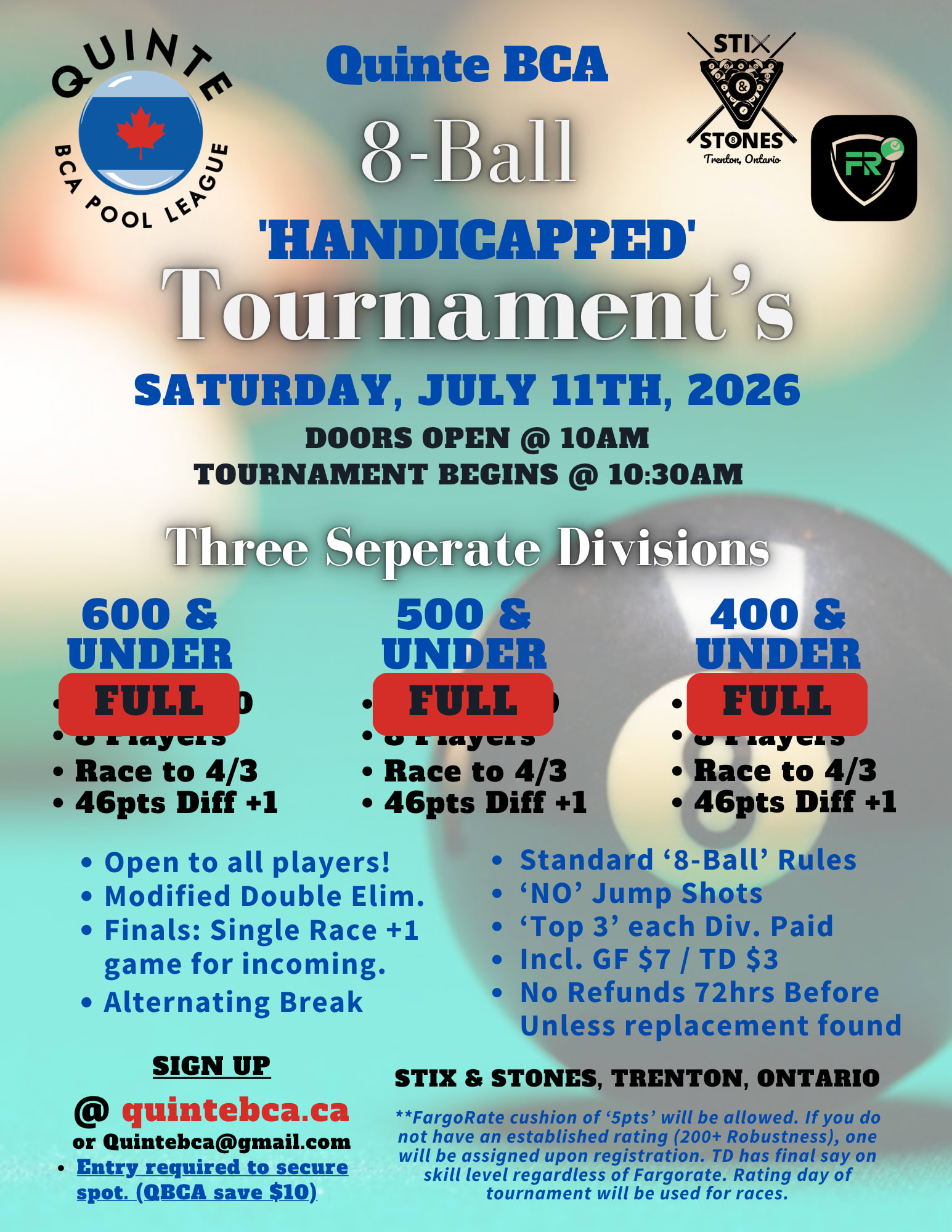 Divisions 8-Ball Singles (600U/500U/400U)