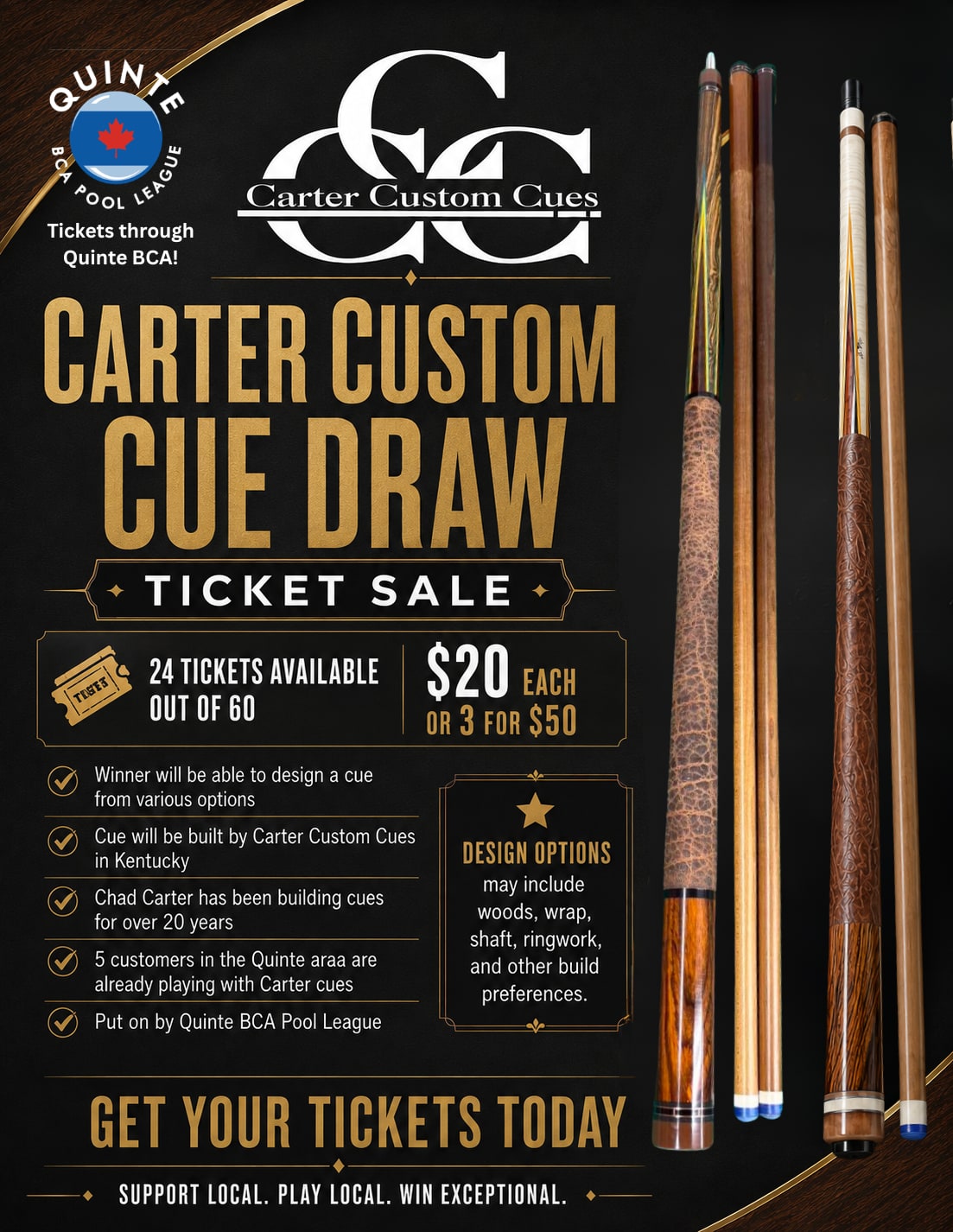 Custom Cue Draw — Quinte BCA × Carter Custom Cues