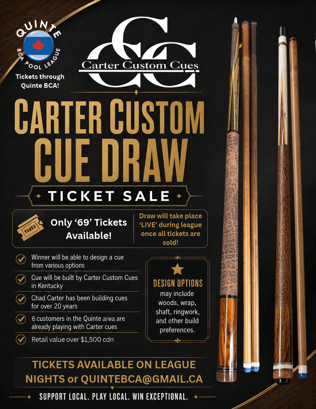 Custom Cue Draw — Quinte BCA × Carter Custom Cues