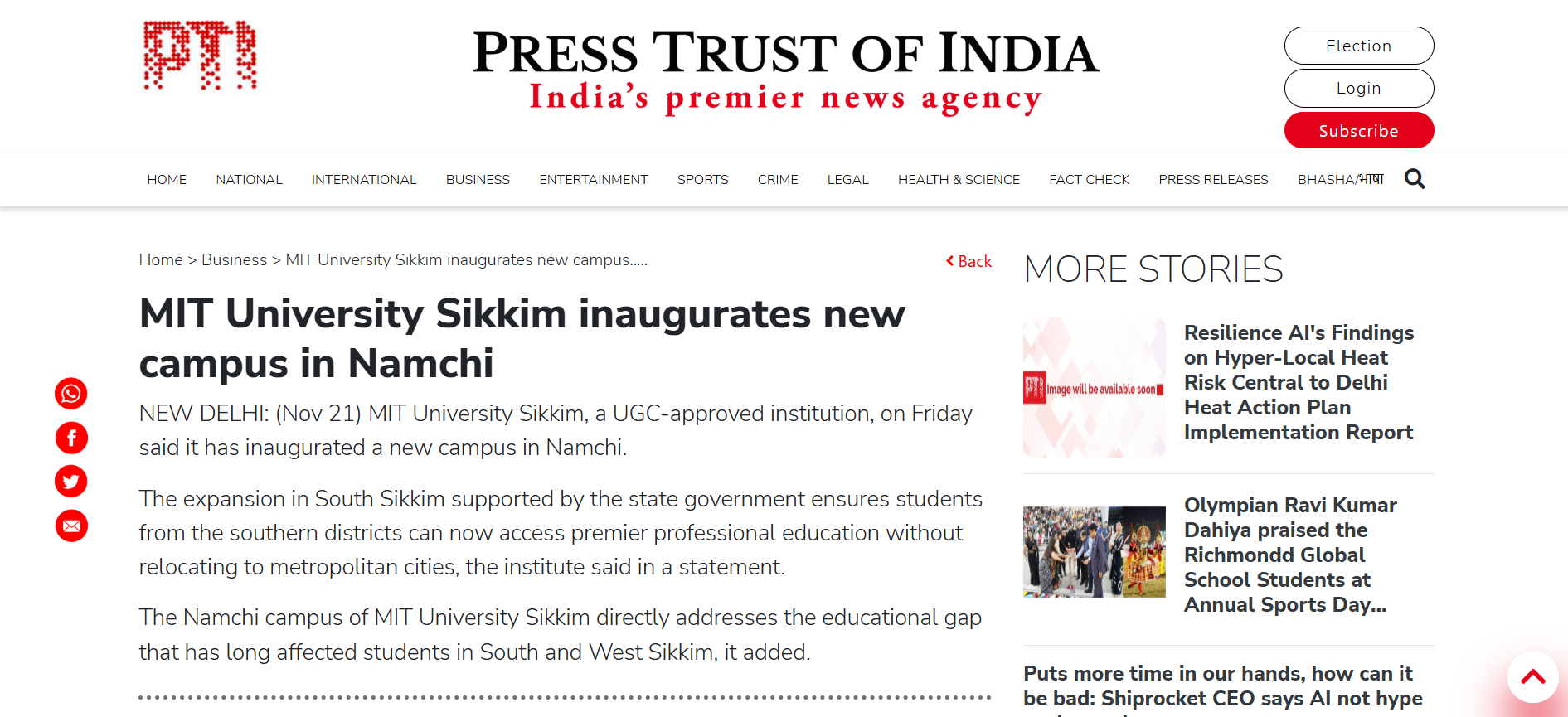 MIT University Sikkim inaugurates new campus in Namchi