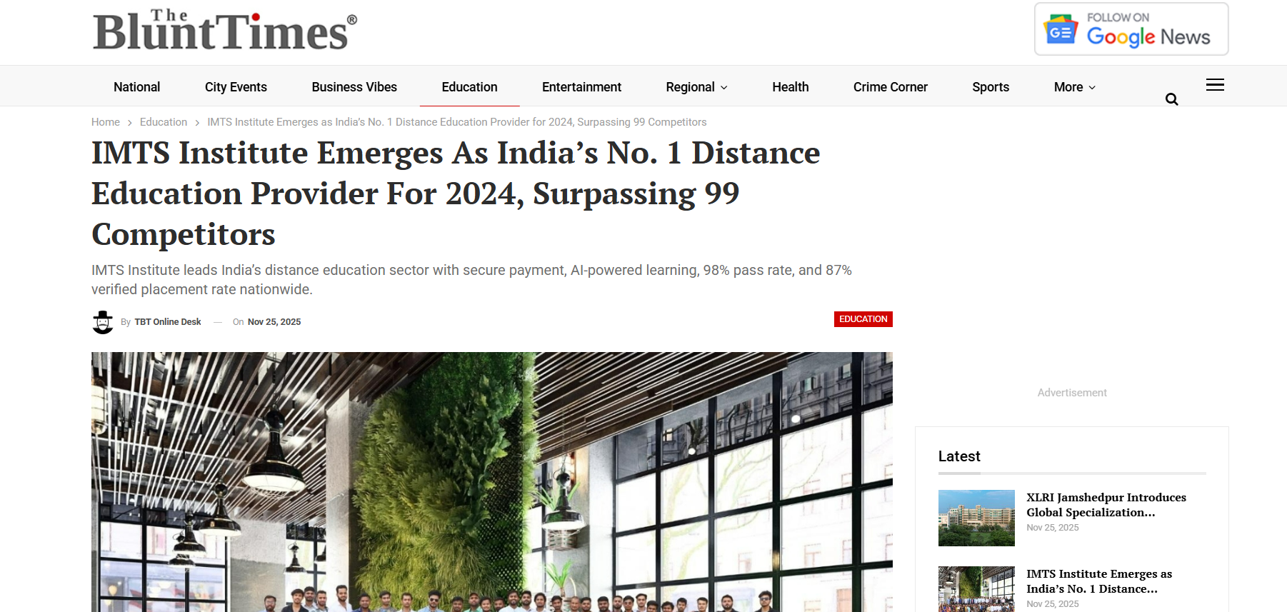 IMTS Institute Emerges as India's No. 1 Distance Education Provider for 2024, Surpassing 99 Competitors