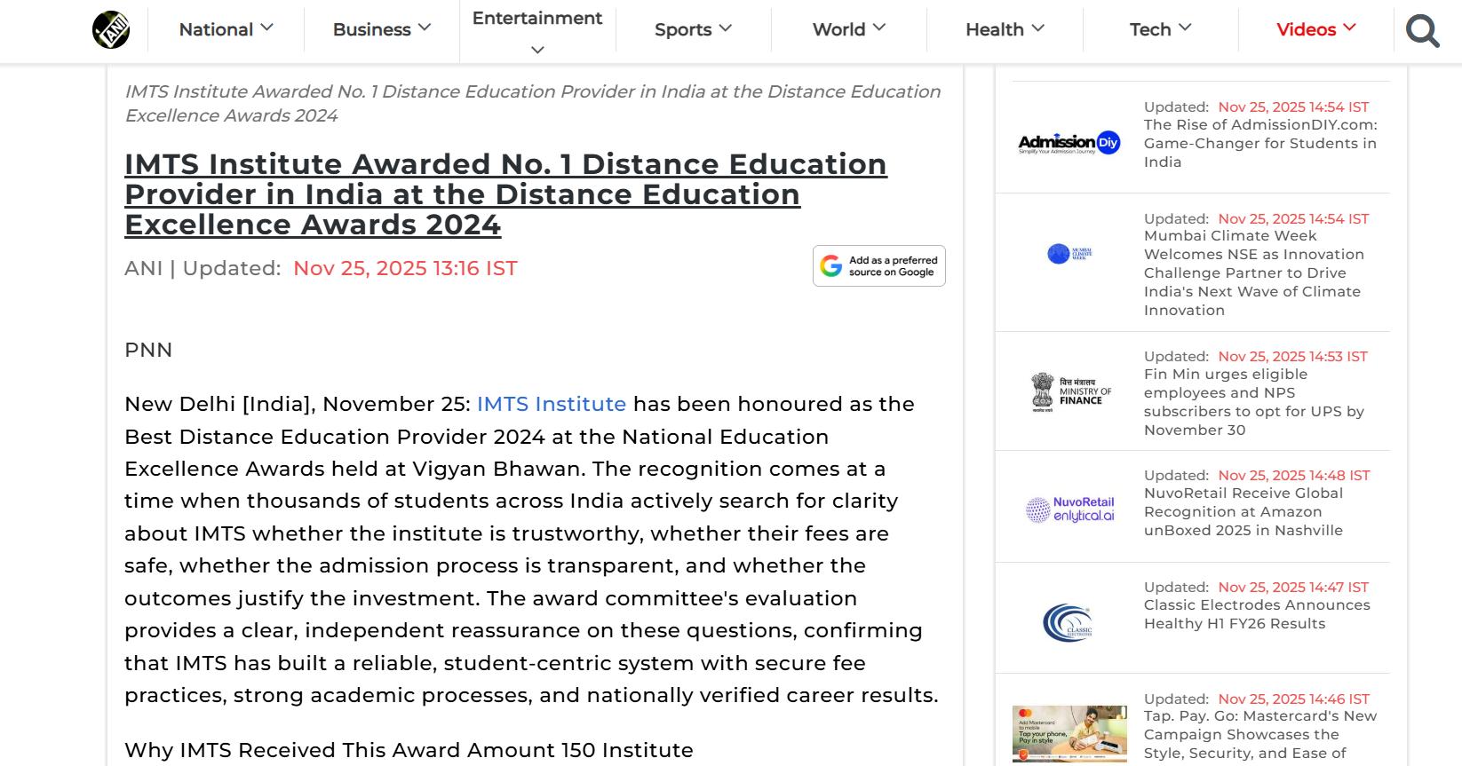 IMTS Institute Awarded No. 1 Distance Education Provider in India at the Distance Education Excellence Awards 2024 