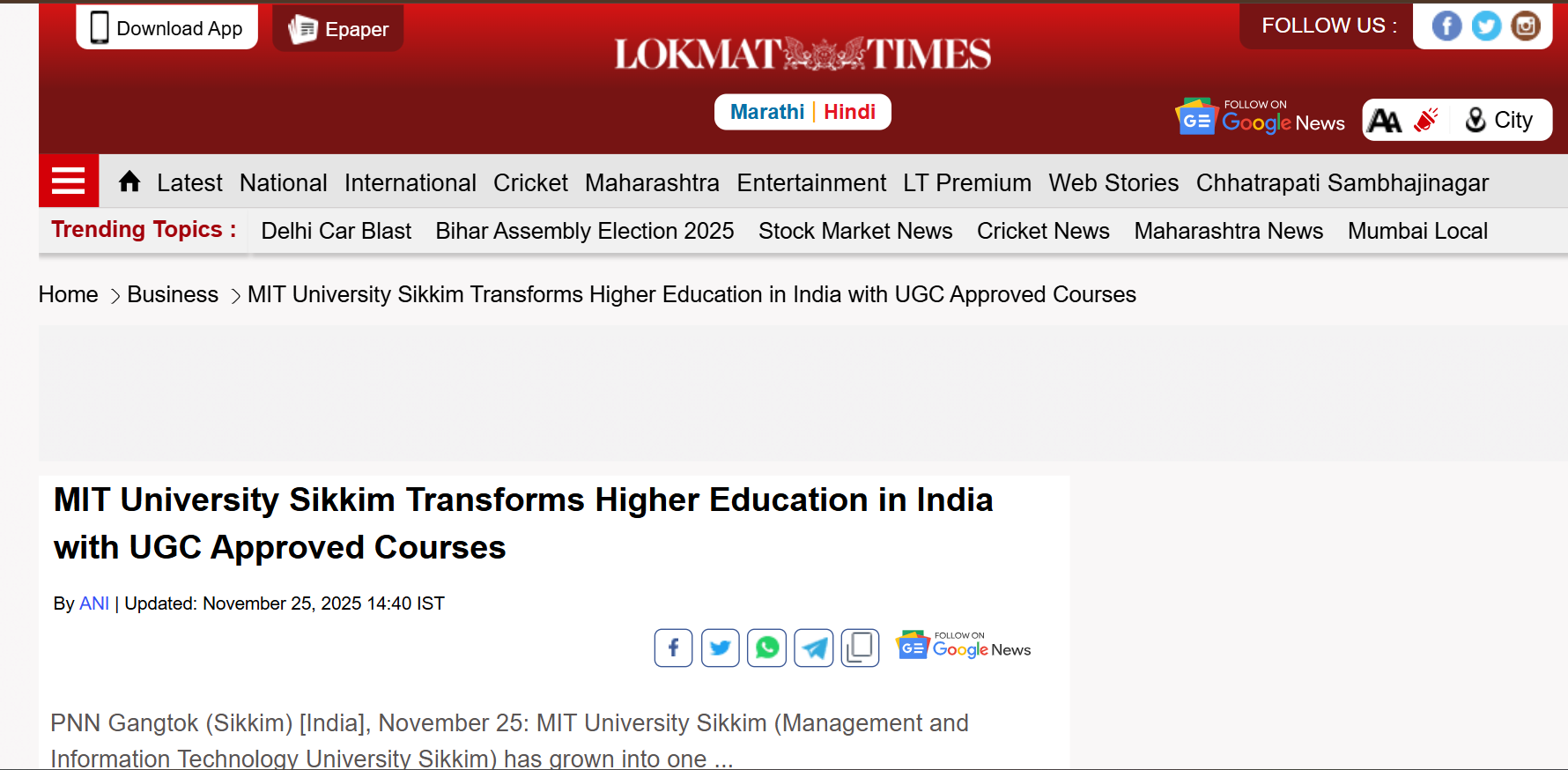 MIT University Sikkim Transforms Higher Education in India with UGC-Approved Courses
