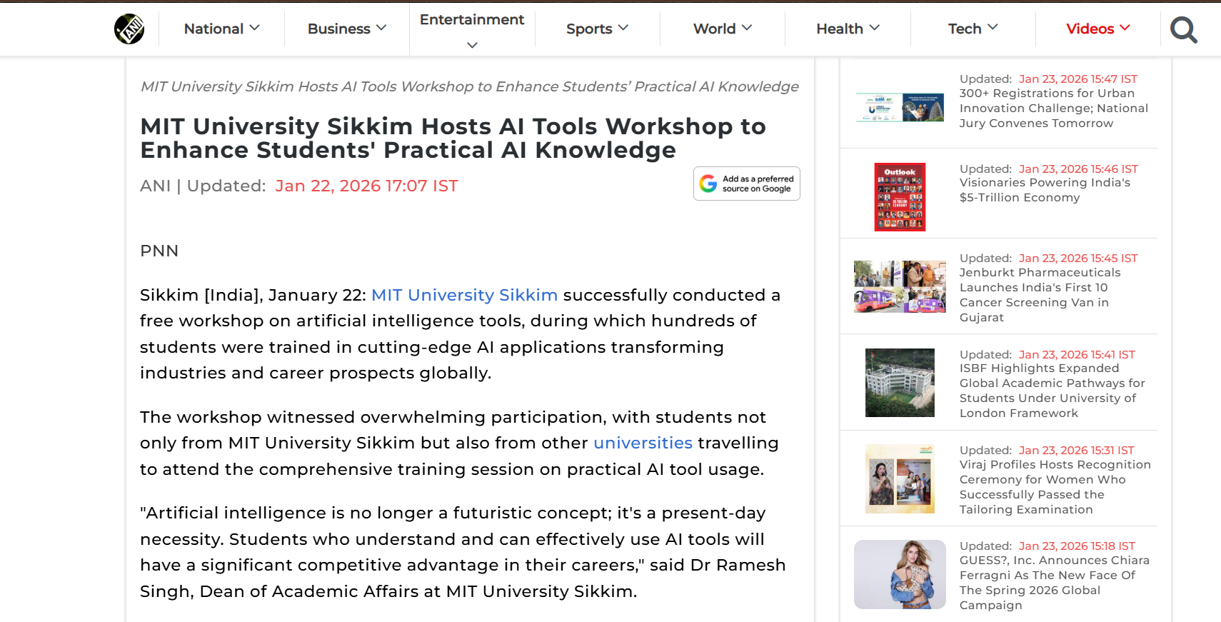 MIT University Sikkim Hosts AI Tools Workshop to Enhance Students' Practical AI Knowledge