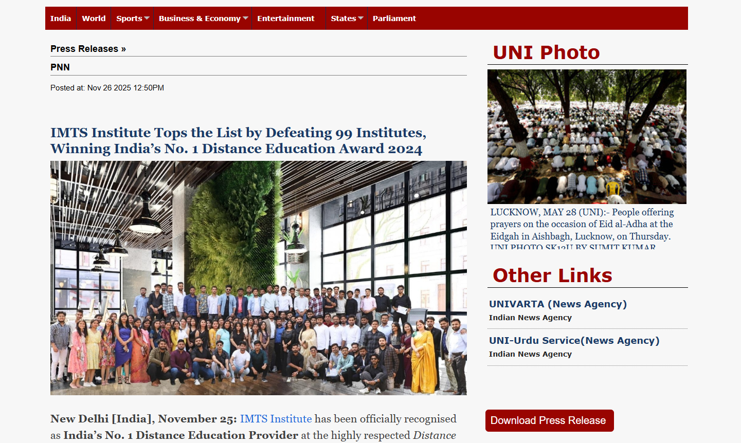 IMTS Institute Tops the List by Defeating 99 Institutes, Winning India’s No. 1 Distance Education Award 2024