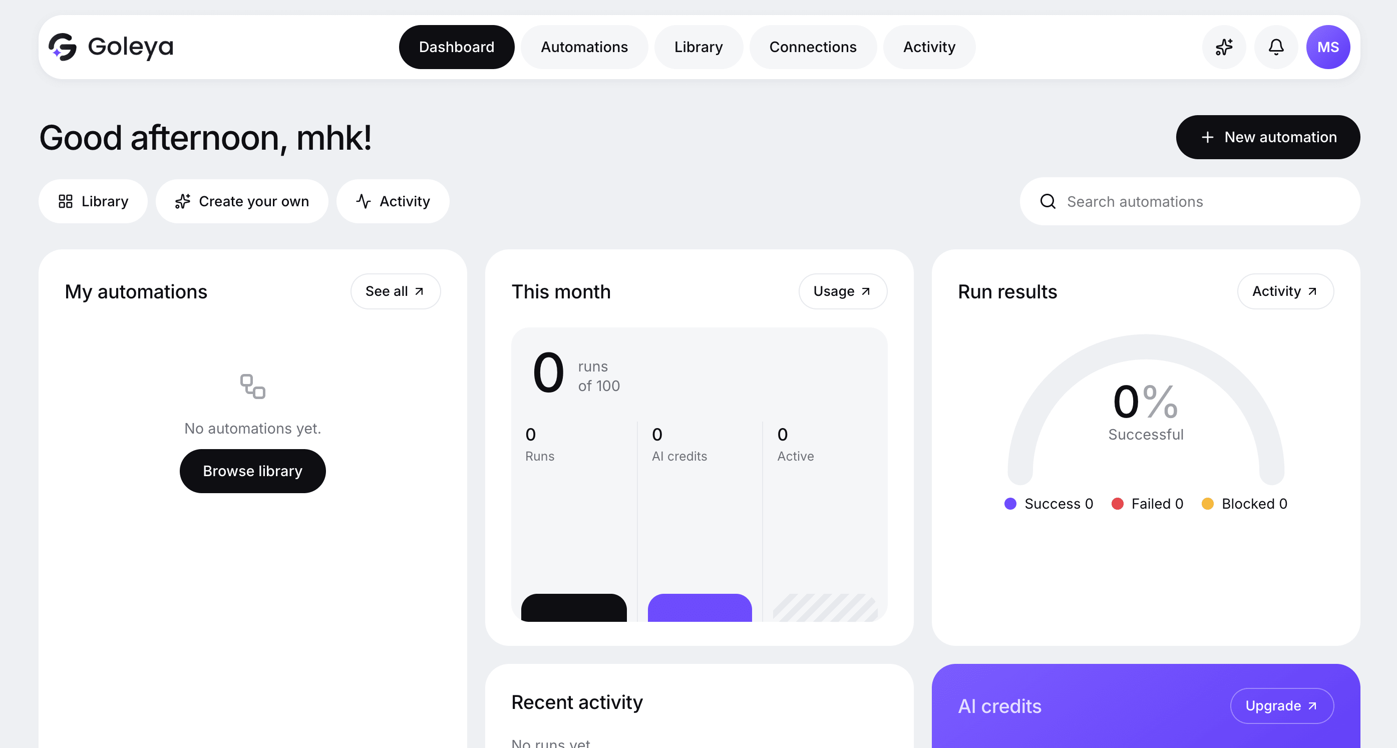 The Goleya dashboard showing automations, monthly runs and run results