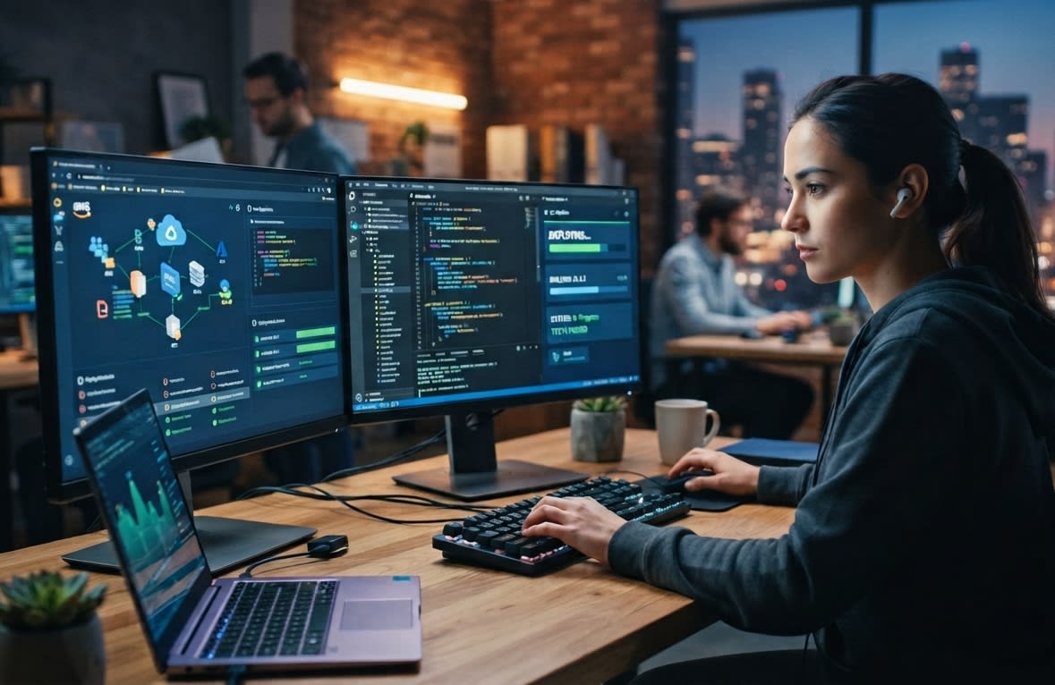 An engineer at a desk with code and deployment dashboards on two monitors, city lights behind