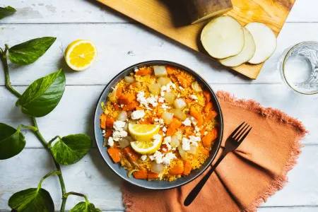 Bulgur met yacon, citroen en spekjes