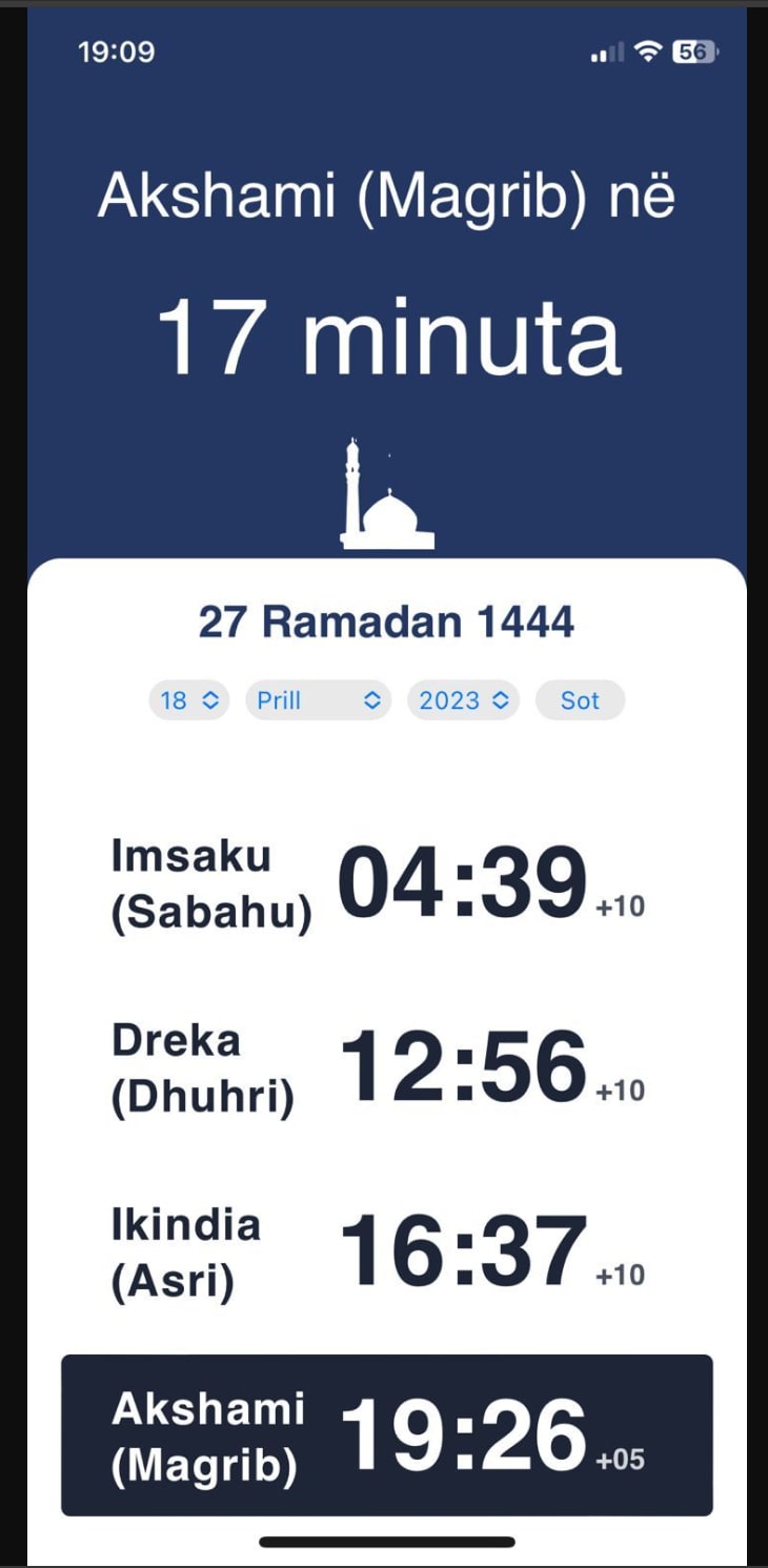 Main Interface of Pogradec Prayer Times PWA