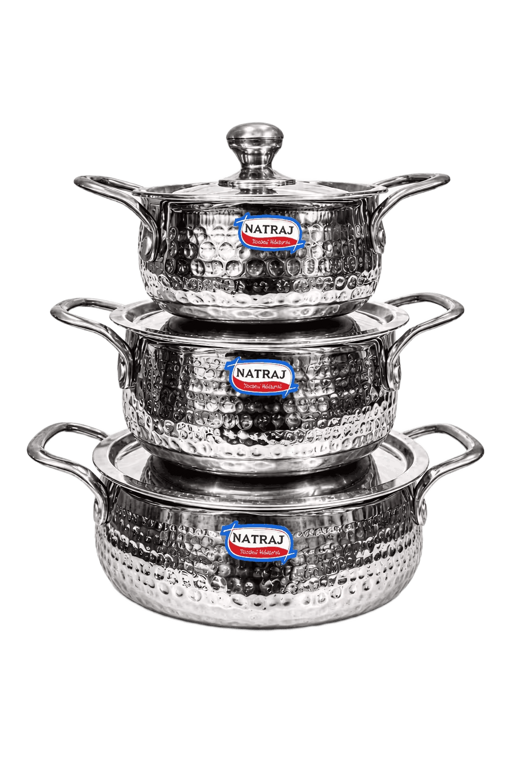 Natraj Triply Stainless Steel Hammered Handi Casserole Set (3 Pcs) | Induction & Gas Compatible