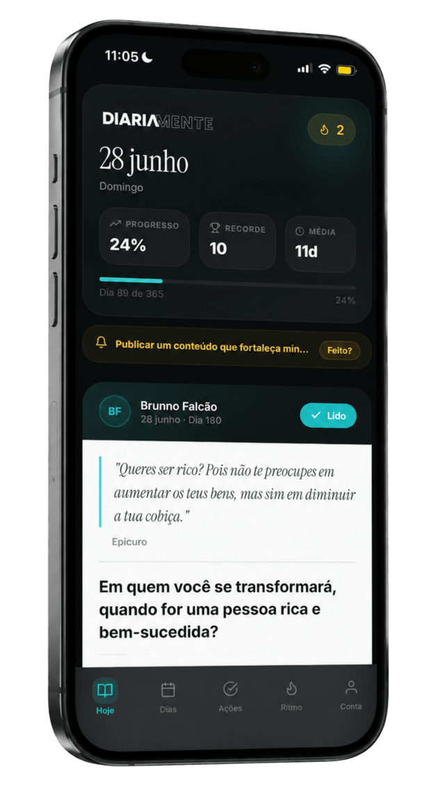 Tela Hoje do aplicativo Diariamente, com a provocação do dia e o progresso da sequência