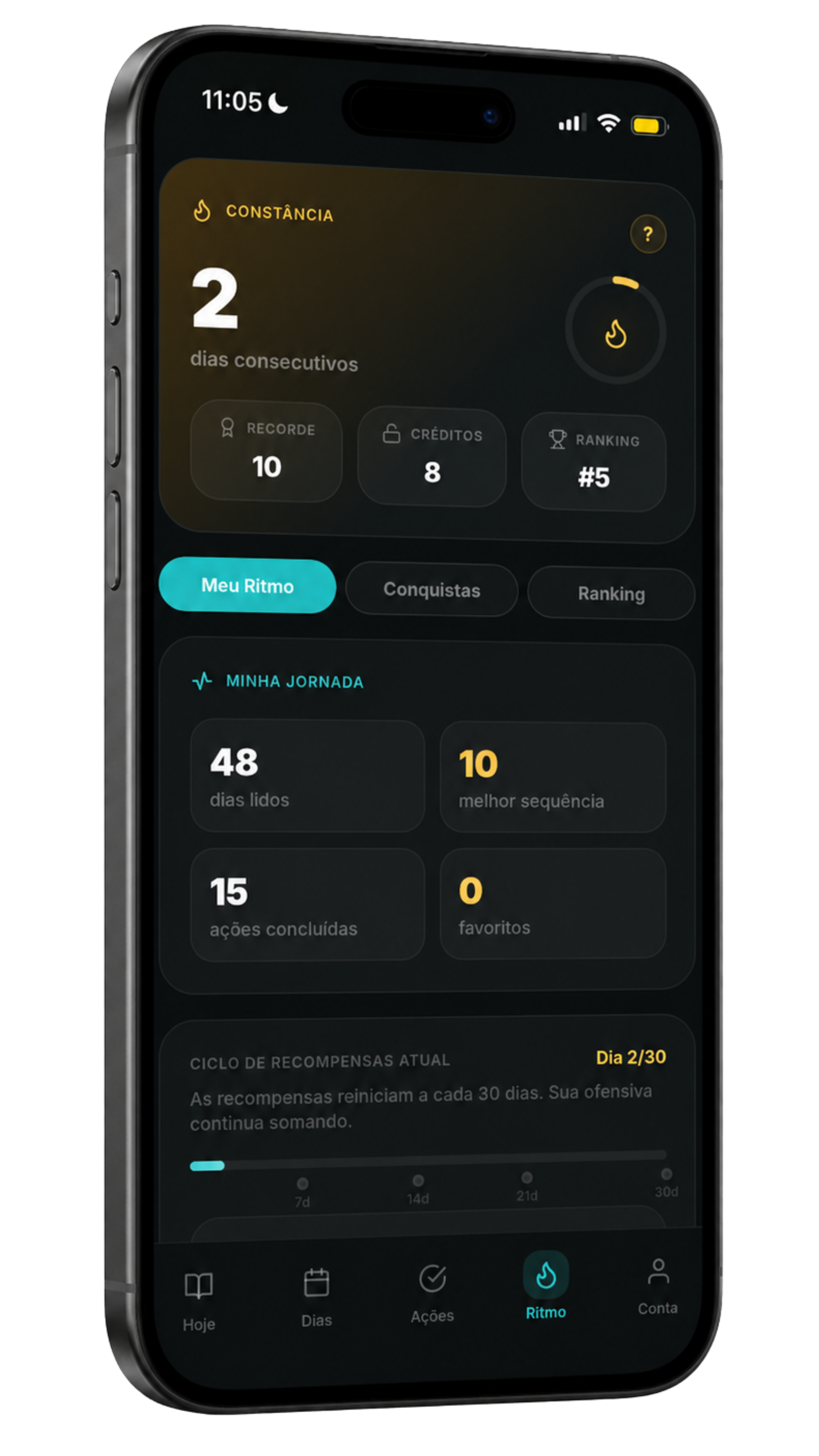 Tela RITMO do app Diariamente