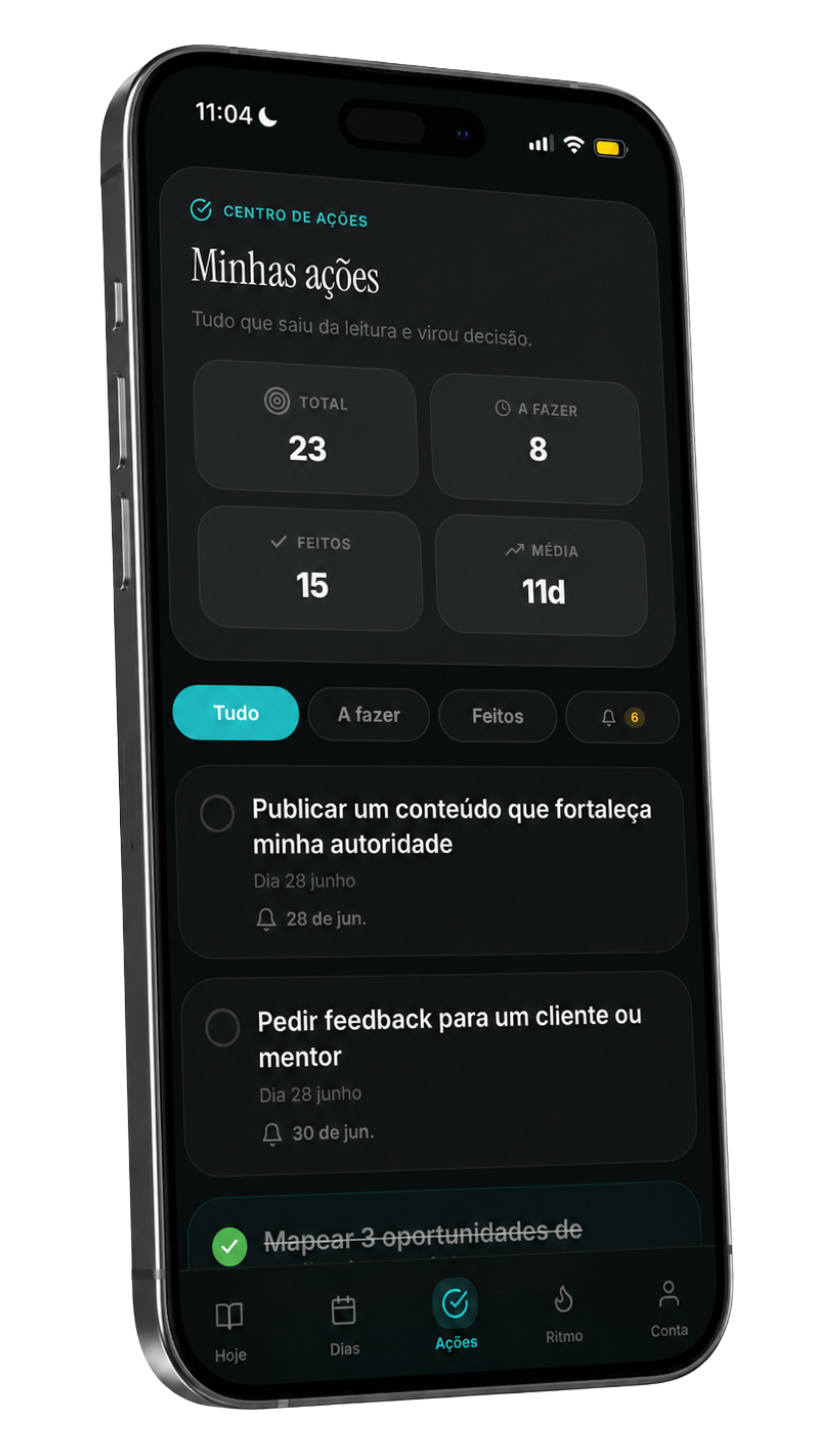 Tela AÇÕES do app Diariamente