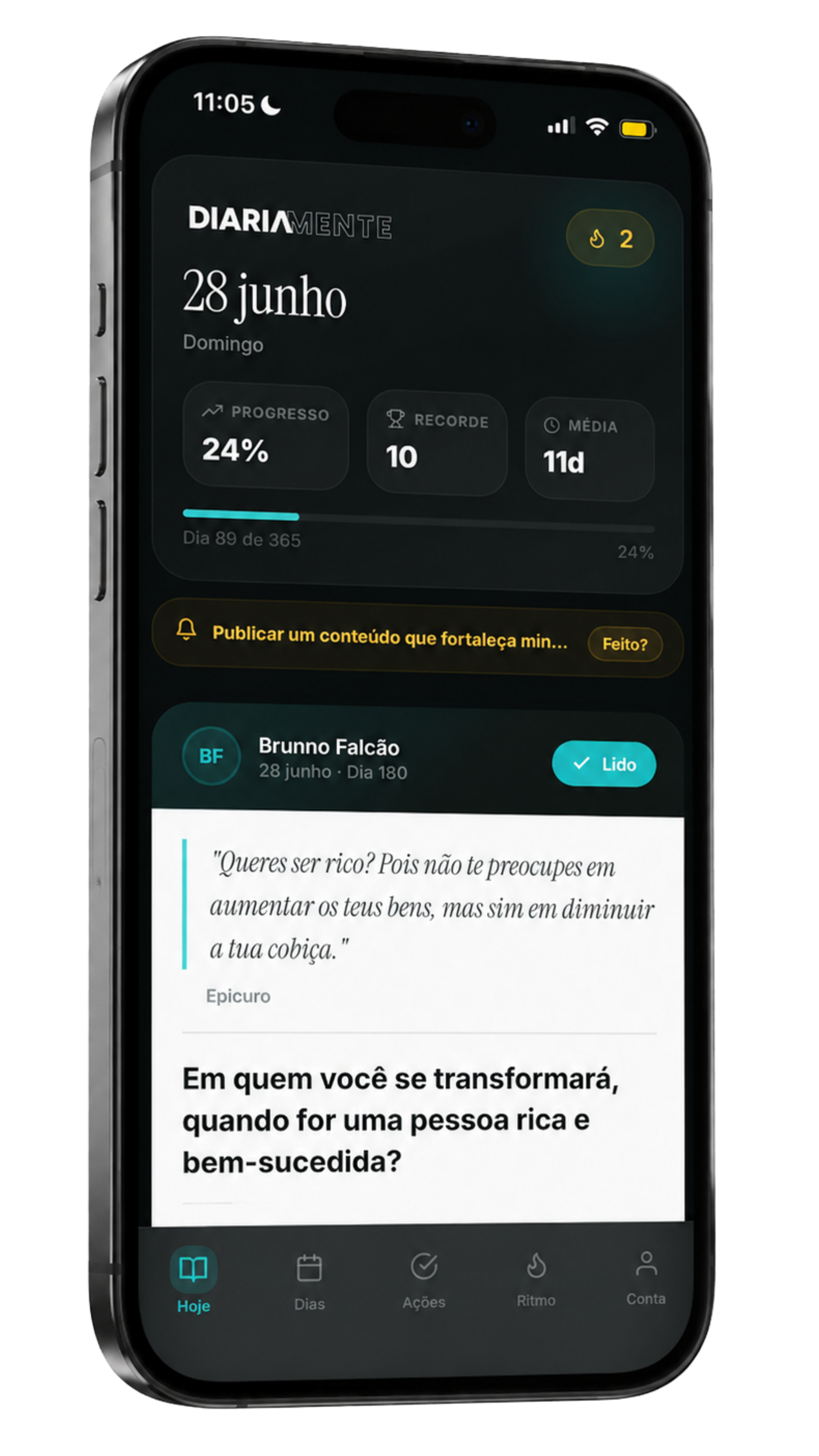 Tela HOJE do app Diariamente