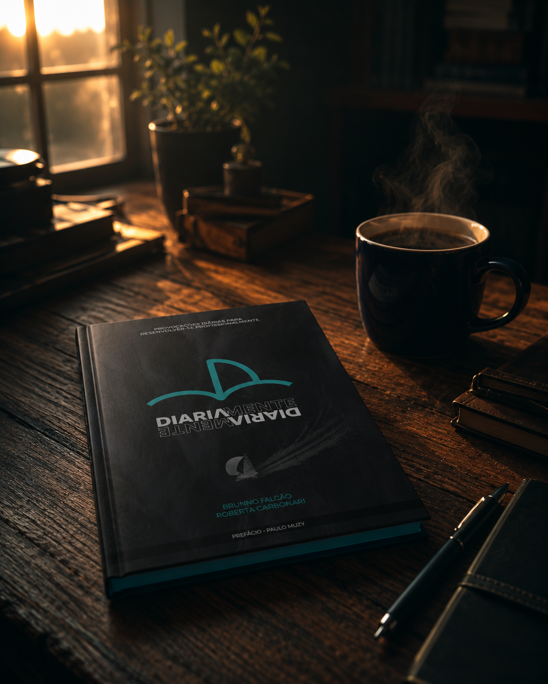 Livro Diariamente aberto sobre a mesa ao amanhecer, com café