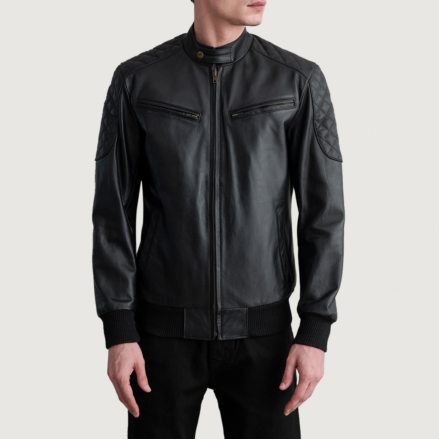 Sven Men's Cowhide Leather Bomber Jacket Snap Collar