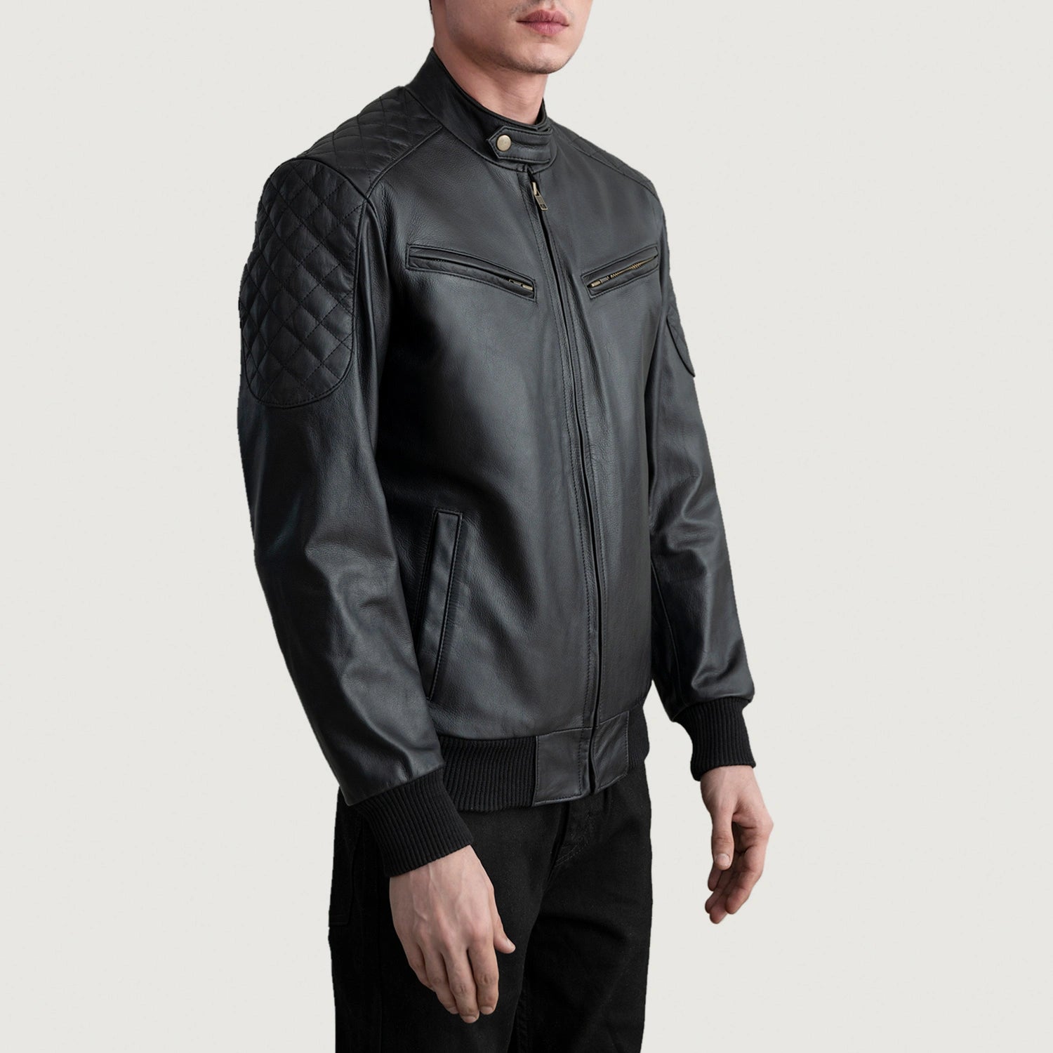 Sven Men's Cowhide Leather Bomber Jacket Snap Collar finest raw materials