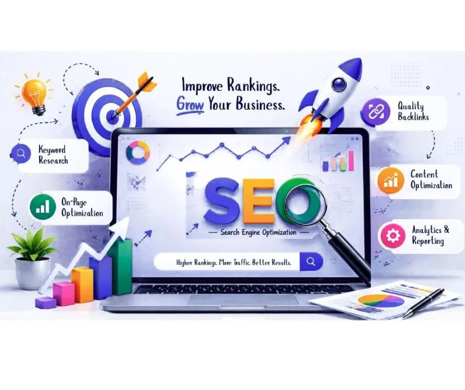 Laptop mockup with SEO rocket illustration