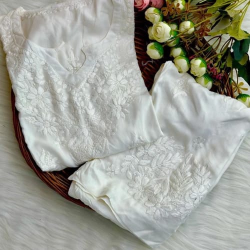 Lucknow Chikankari 3-Piece Set – Long Kurta & Palazzo_White