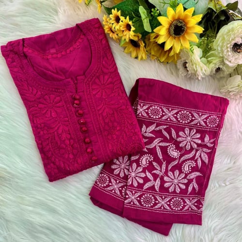 Premium Chikankari Pure Cotton 3-Piece Suit_Maroon