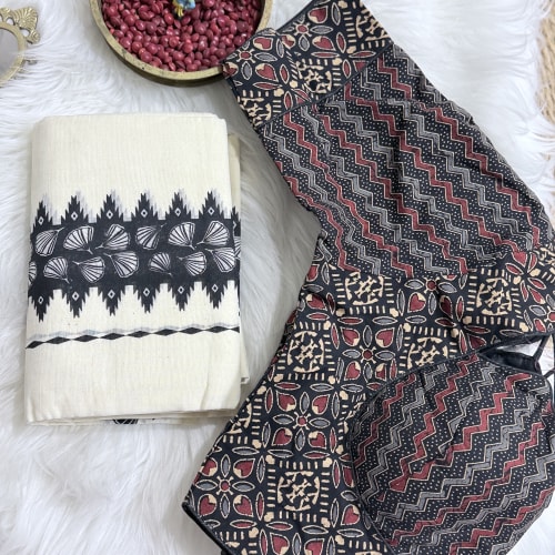 Black Kara Set Mundu With Ajrakh Blouse