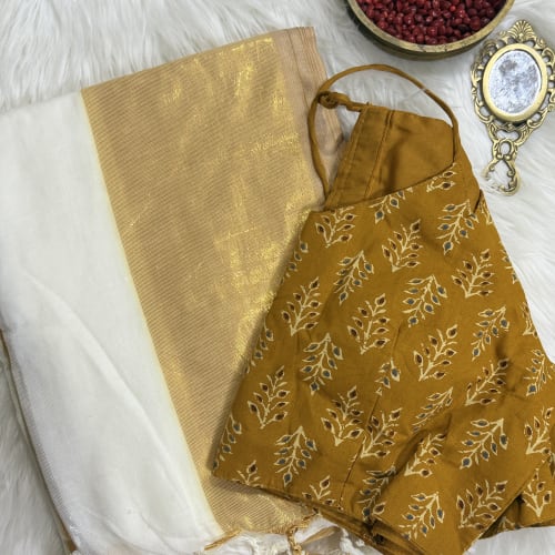 Kerala Cotton Saree with Red & Golden Motif and Ajrakh Blouse Combo