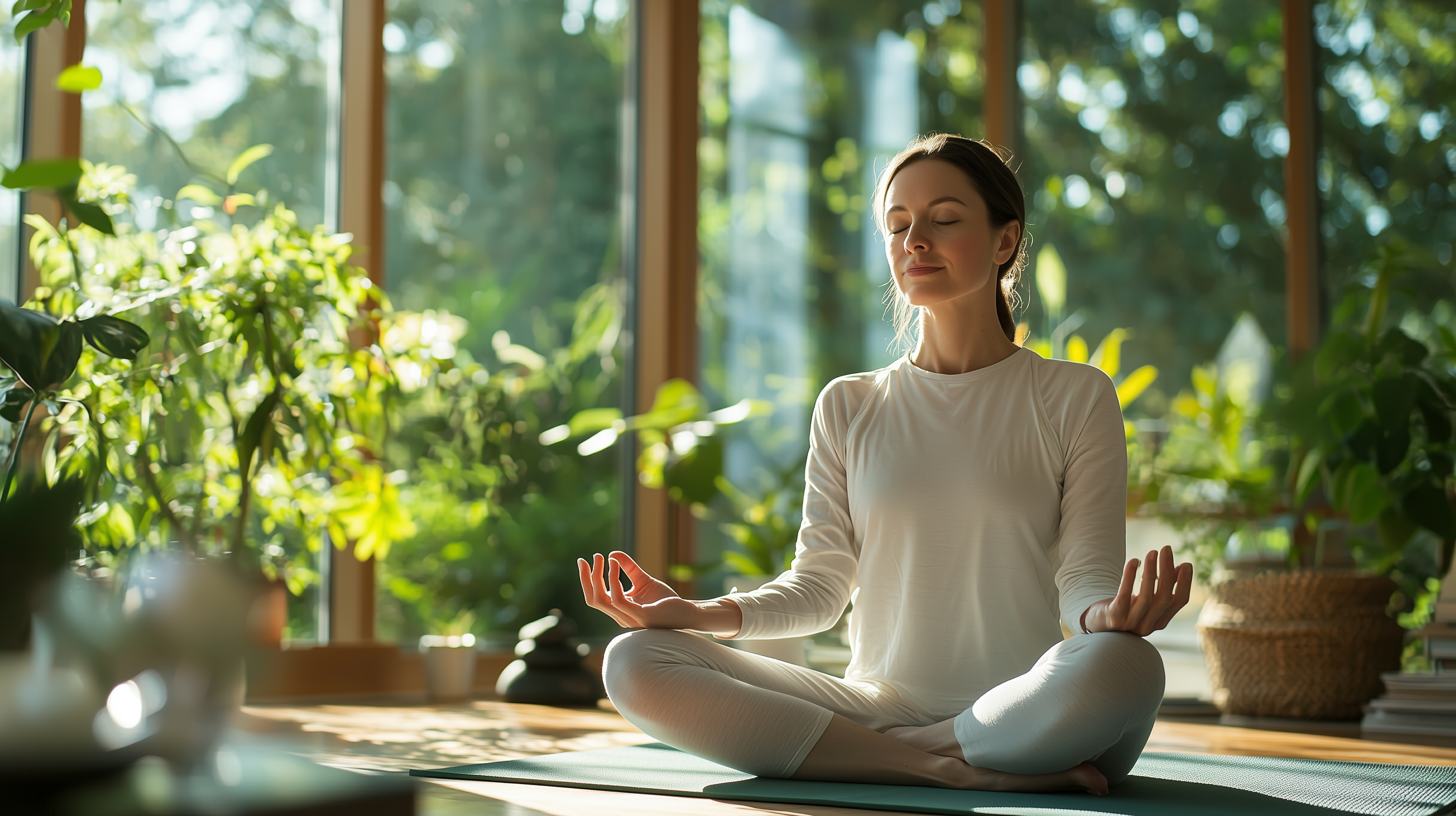 Serene yoga room with natural light
