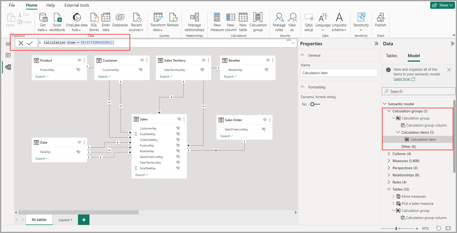 Calculation Groups i Power BI Model View som viser Time Intelligence