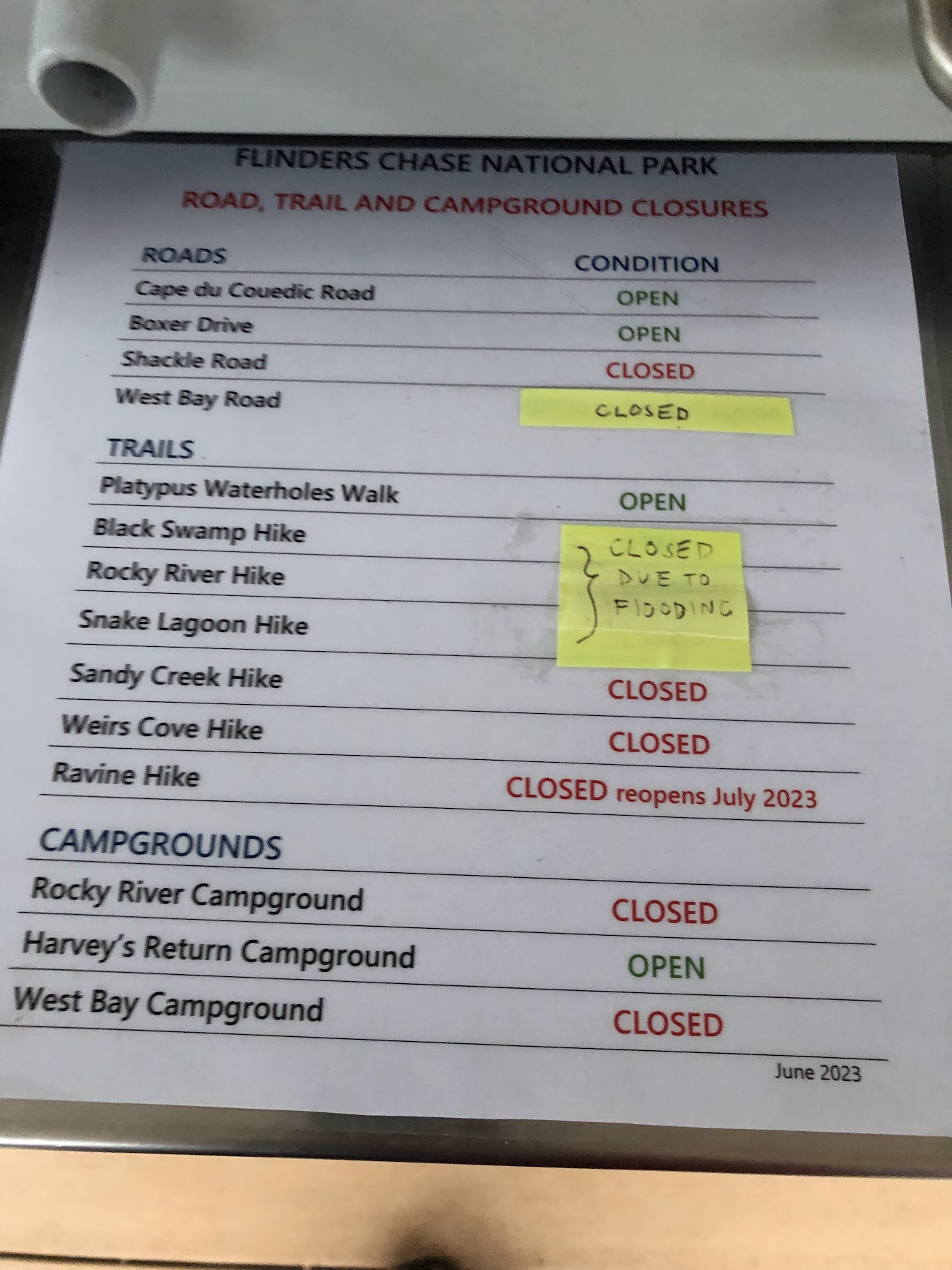 trail list closures in flinders chase during winter