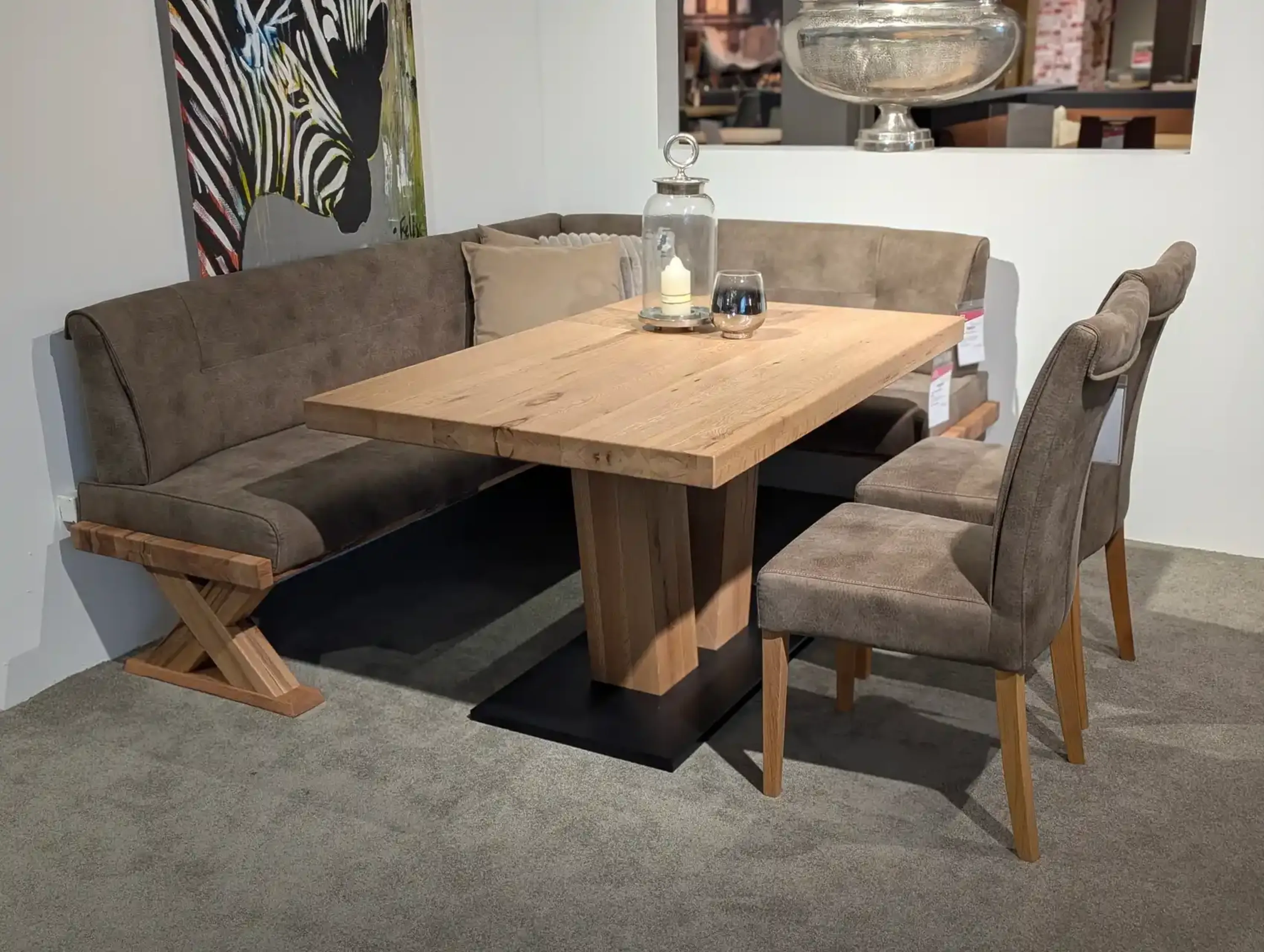 Eckbankgruppe Balkeneiche – Eckbank, Tisch & 2 Stühle